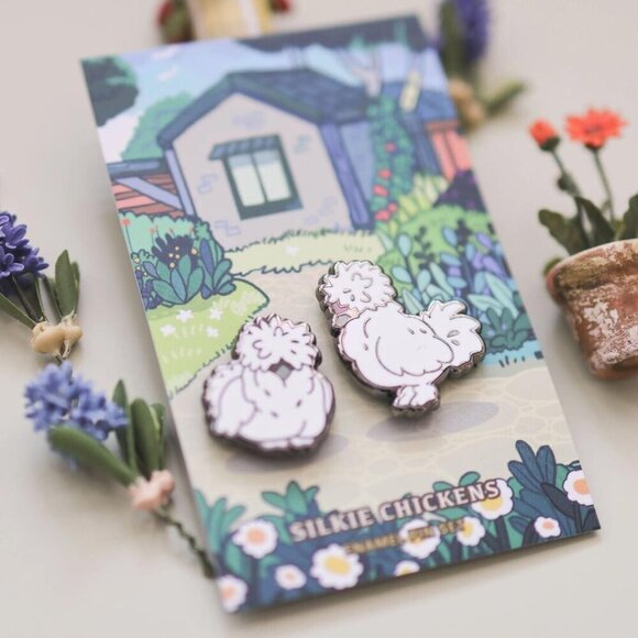 Silkie Chickens Enamel Pin Set - Set‎ of 2 - Farm Animals - Picture 4 of 7